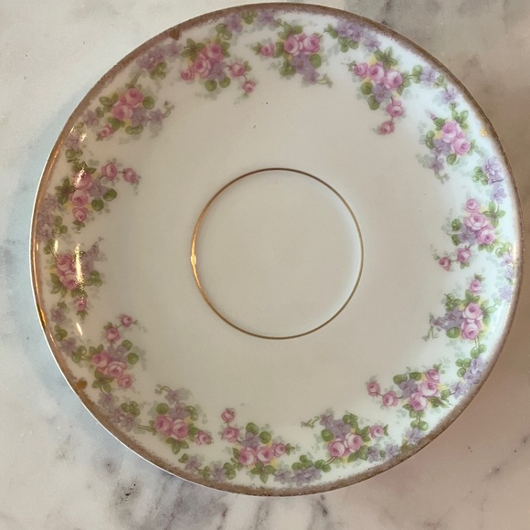 VINTAGE LIMOGES FRANCE L. R. L. TEACUP AND SAUCER W/ROSES & VIOLETS - Picture 6 of 11
